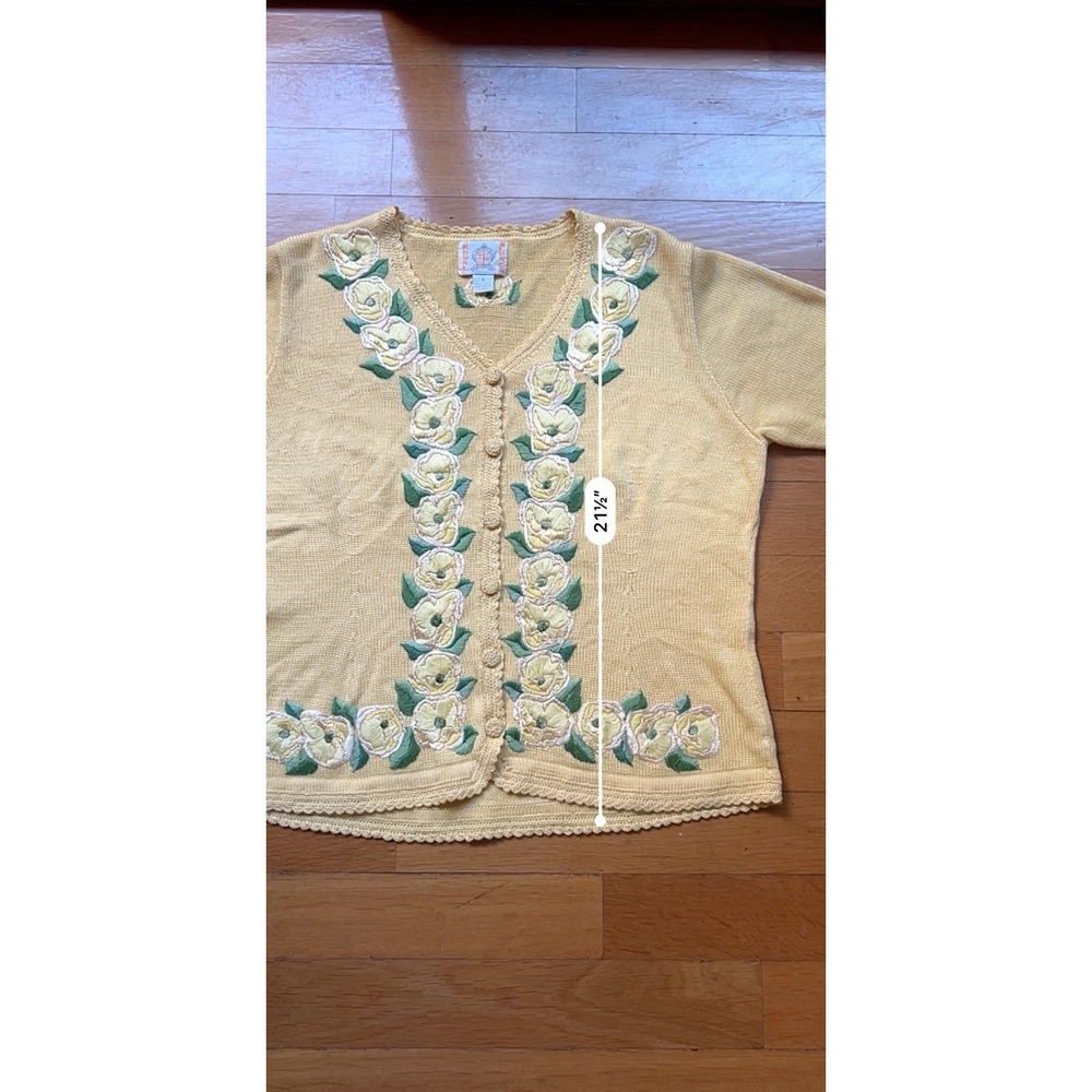Vintage Yellow Cotton Cardigan Floral Embroidery Short Sleeve Cottagecore S - Picture 7 of 9
